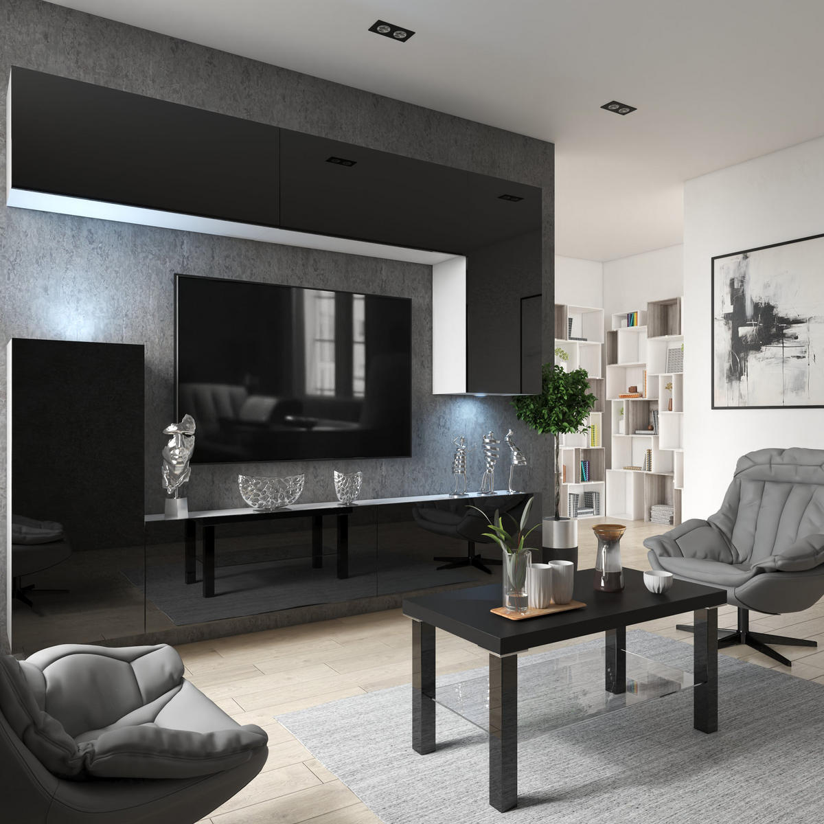 WOHNWAND Milano 8, Schwarz Hochglanz, 250 cm, Grifflos - Schwarz, Holz (250/115/36cm) - B BELINI GROUP