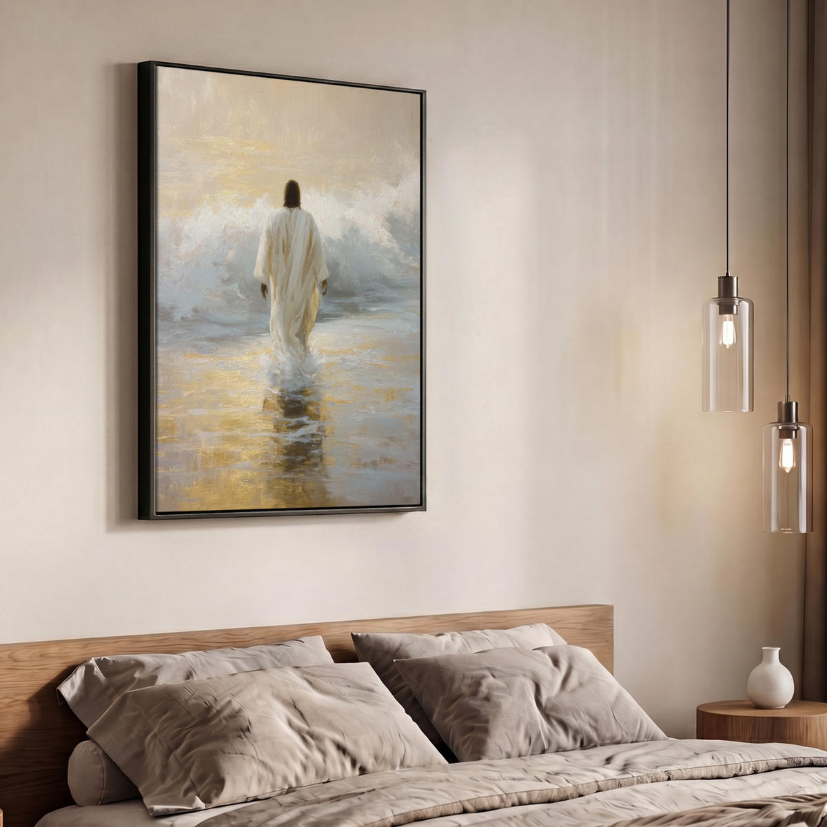 LEINWAND Bilder mit Rahmen - Gemälde - Welle - Jesus - Abstrakt - 70x100 - Goldfarben, Textil (70/100cm) - MuchoWow