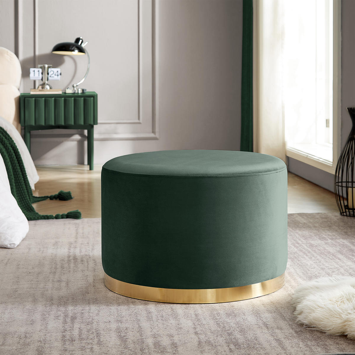 SITZPUFF Charlotte II aus tannengrünem Samt und goldfarbenem Metall - Waldgrün/Grün, Holzwerkstoff/Textil (60/40/60cm) - Sicaan