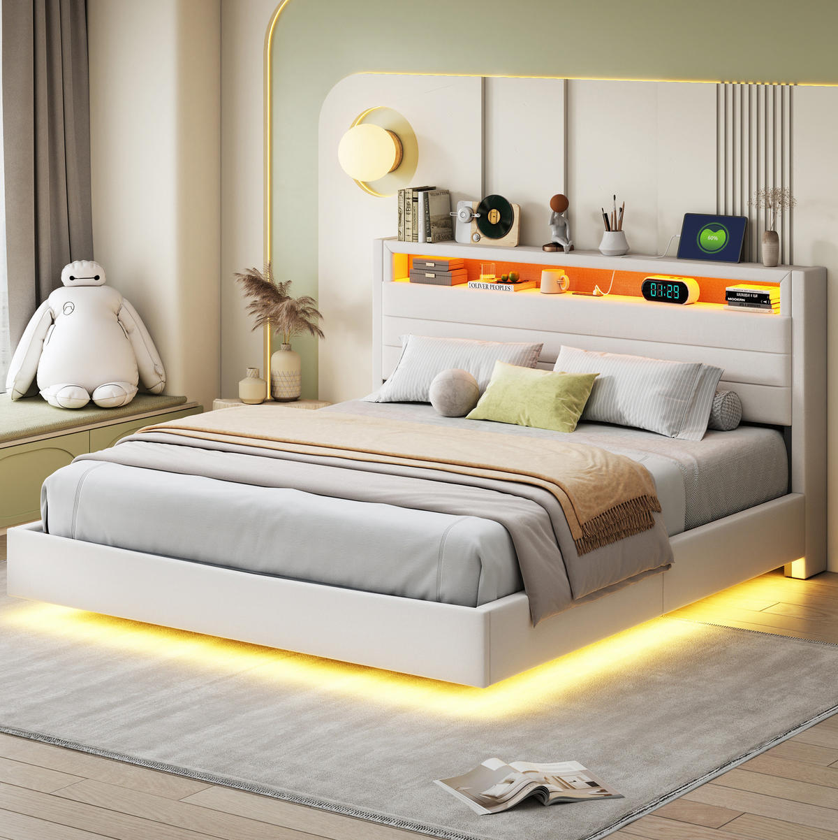 ČALÚNENÁ posteľ 160/200 cm s USB portom, LED osvetlením a hydraulickým úložným priestorom, Bežová - béžová, textil (160/200cm) - Redom