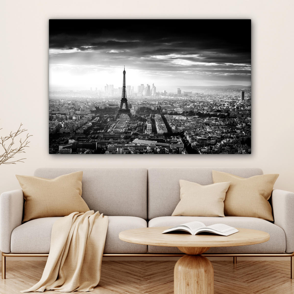 LEINWANDBILD Paris - Skyline - Eiffelturm - Stadt - Wolken Wohnzimmer Groß 120x80 cm - Dunkelgrau, Textil (120/80cm) - MuchoWow