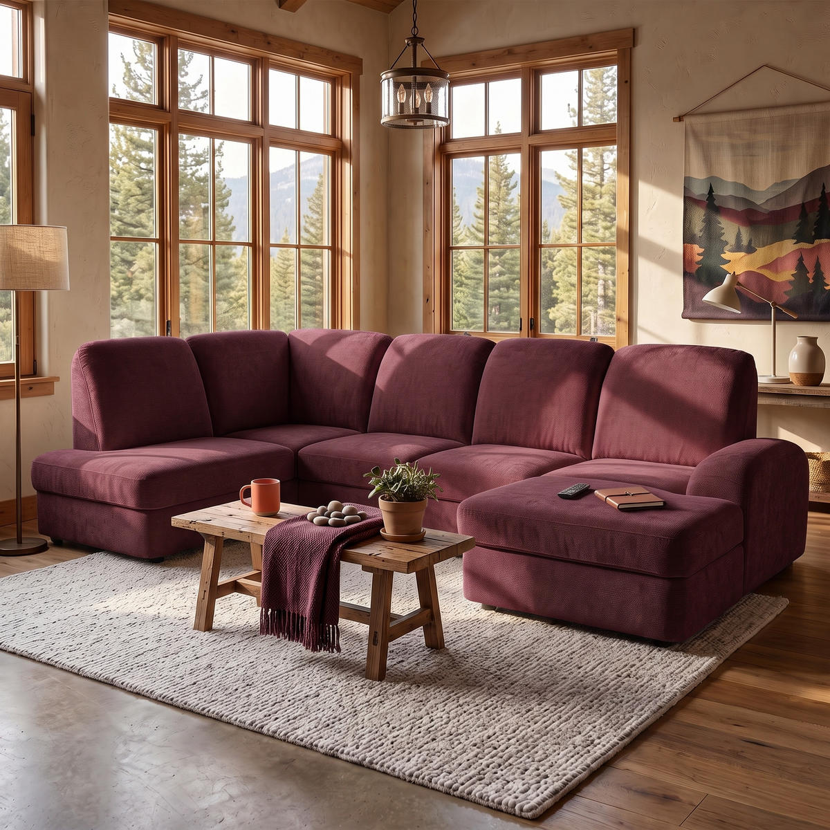 ECKSOFA VIBE U Links mit Schlaffunktion 129x263 Chenille Bordeaux - Bordeaux/Schwarz, Holz/Kunststoff (280/102/186cm) - Muffo