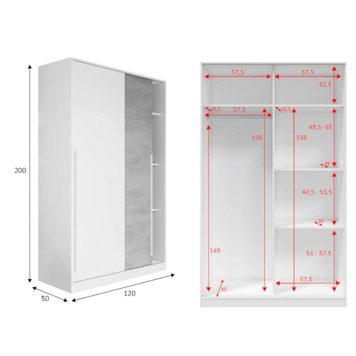KLEIDERSCHRANK 2 TÜREN Zement, Weiß 50/120/200 cm - Grau, Holzwerkstoff (120/200/50cm) - DMORA