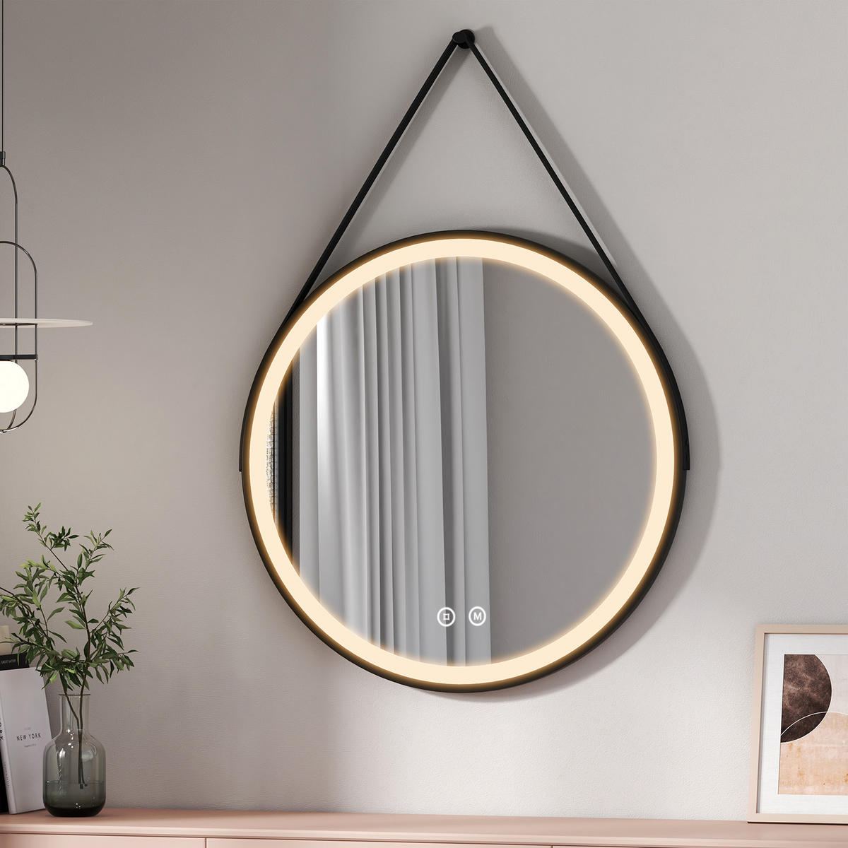 BADSPIEGEL Rund mit Touch-Schalter Beleuchtung mit Hängeriemen Schwarz ф80 cm - Schwarz, Glas (80/3/80cm) - EMKE