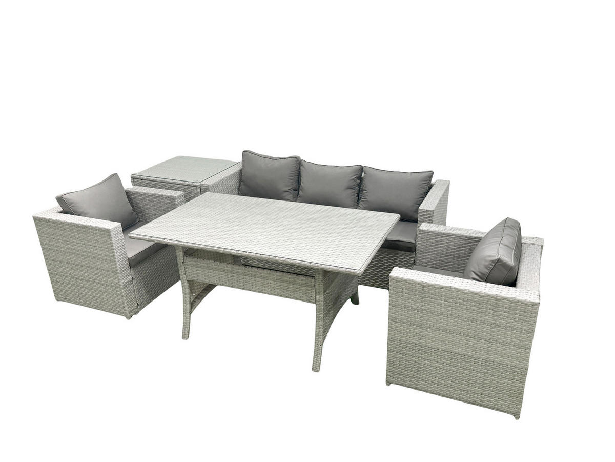 GARTENMÖBEL SET mit Sofa,Beistelltisch Polyrattan Hellgrau 5-Sitzer - Hellgrau/Grau, Glas/Kunststoff - Fimous