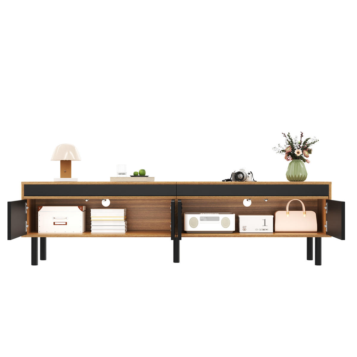 TV-SCHRANK 170/38/47 cm schwarz Spanplatte mit 4 Türen mit Streifendesign - Schwarz, Holzwerkstoff (170/47/38cm) - OKWISH