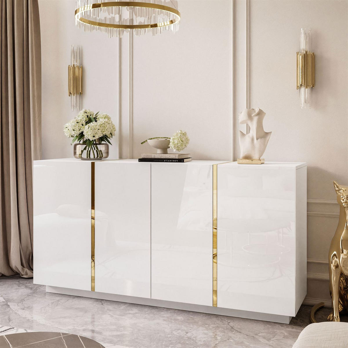SIDEBOARD ONYX 4T 158 CM LUXURIÖSE KOMMODE MIT HOCHGLANZ FÜR DAS WOHNZIMMER PUSH OPEN - Goldfarben/Weiß, Holzwerkstoff (158/81/41cm) - Lookway
