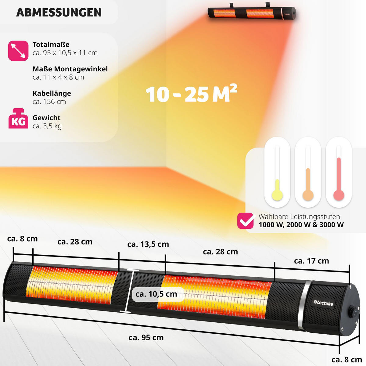 INFRAROTHEIZSTRAHLER Solaris Horizon,einfache Montage, 95 x 11 x 10,5 cm,schwarz - Schwarz, Metall (10.5/8/95cm) - tectake
