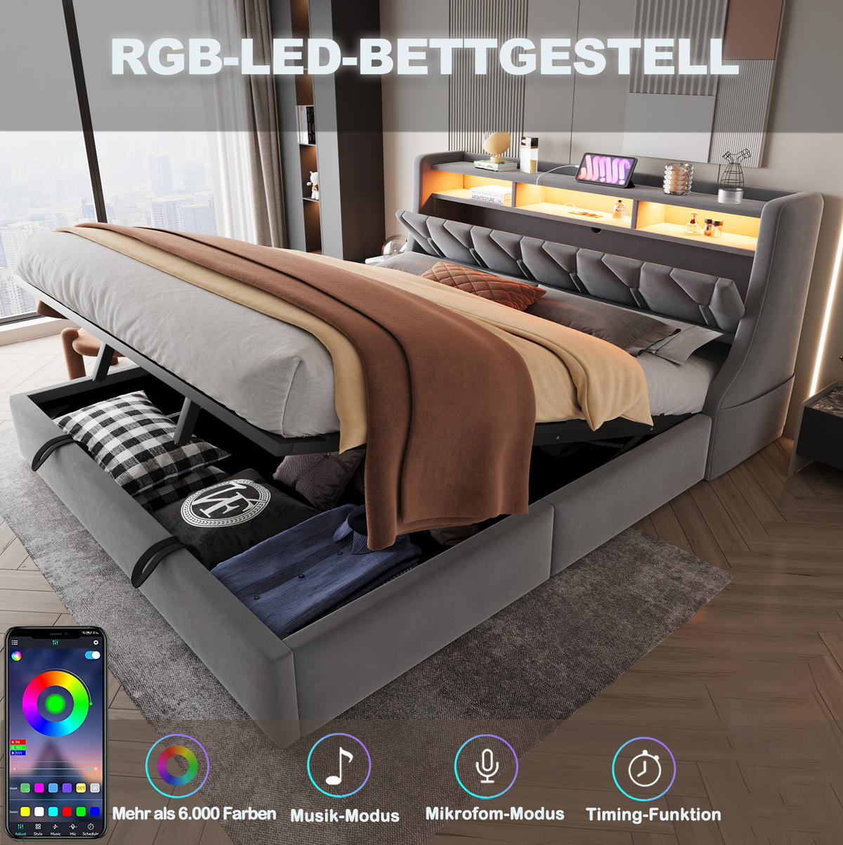 POLSTERBETT 180/200 cm Grau aus Samtstoff mit Stauraum - Grau, Textil (180/200cm) - OKMYHOME