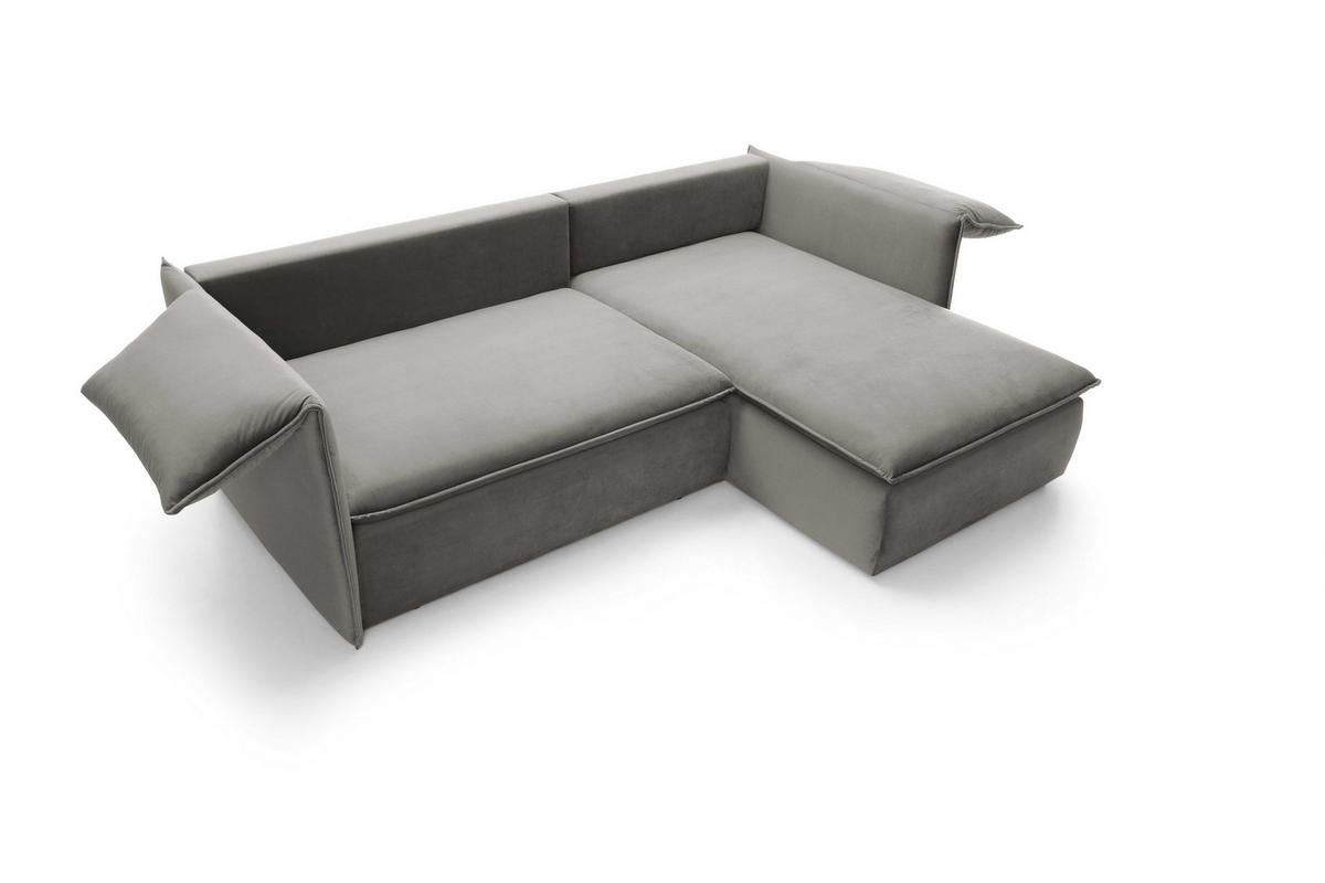 ECKSOFA PREGIO Grau Plüsch-Stoff mit Schlaffunktion - Grau, Holz (230/166cm) - MASSENO