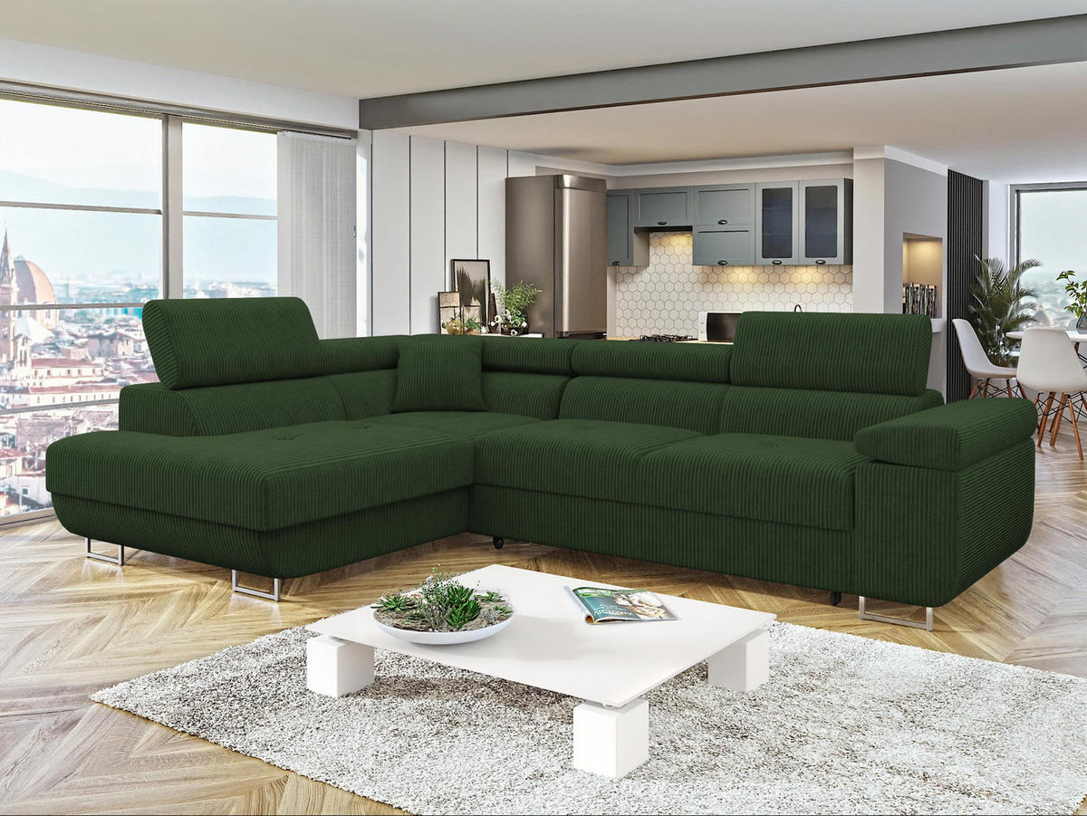 ECKSOFA Torezio Cord, Seite: Links - Dunkelgrün, Holz/Textil (274/203cm) - MIRJAN24