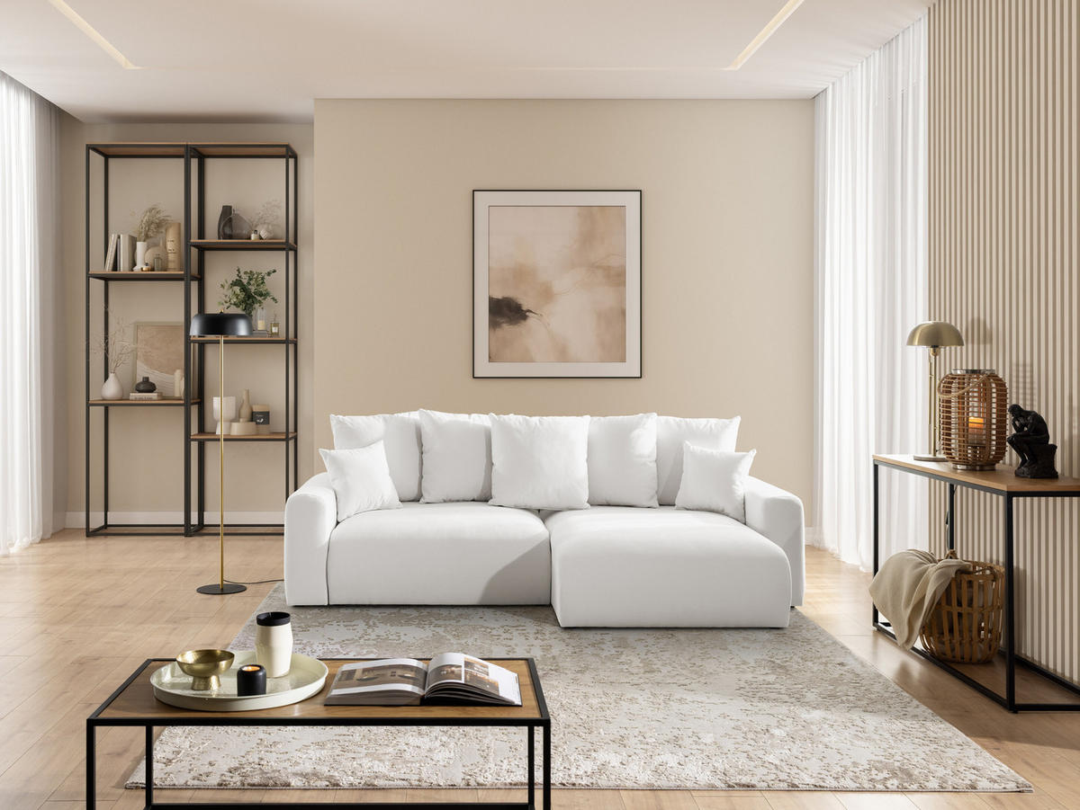 ECKSOFA Calma mit Schlaffunktion und Bettkasten im Bumpy-Design aus weichem Creme Webstoff - Ottomane rechts - Creme/Schwarz, Holz/Kunststoff (140/239cm) - S-Style