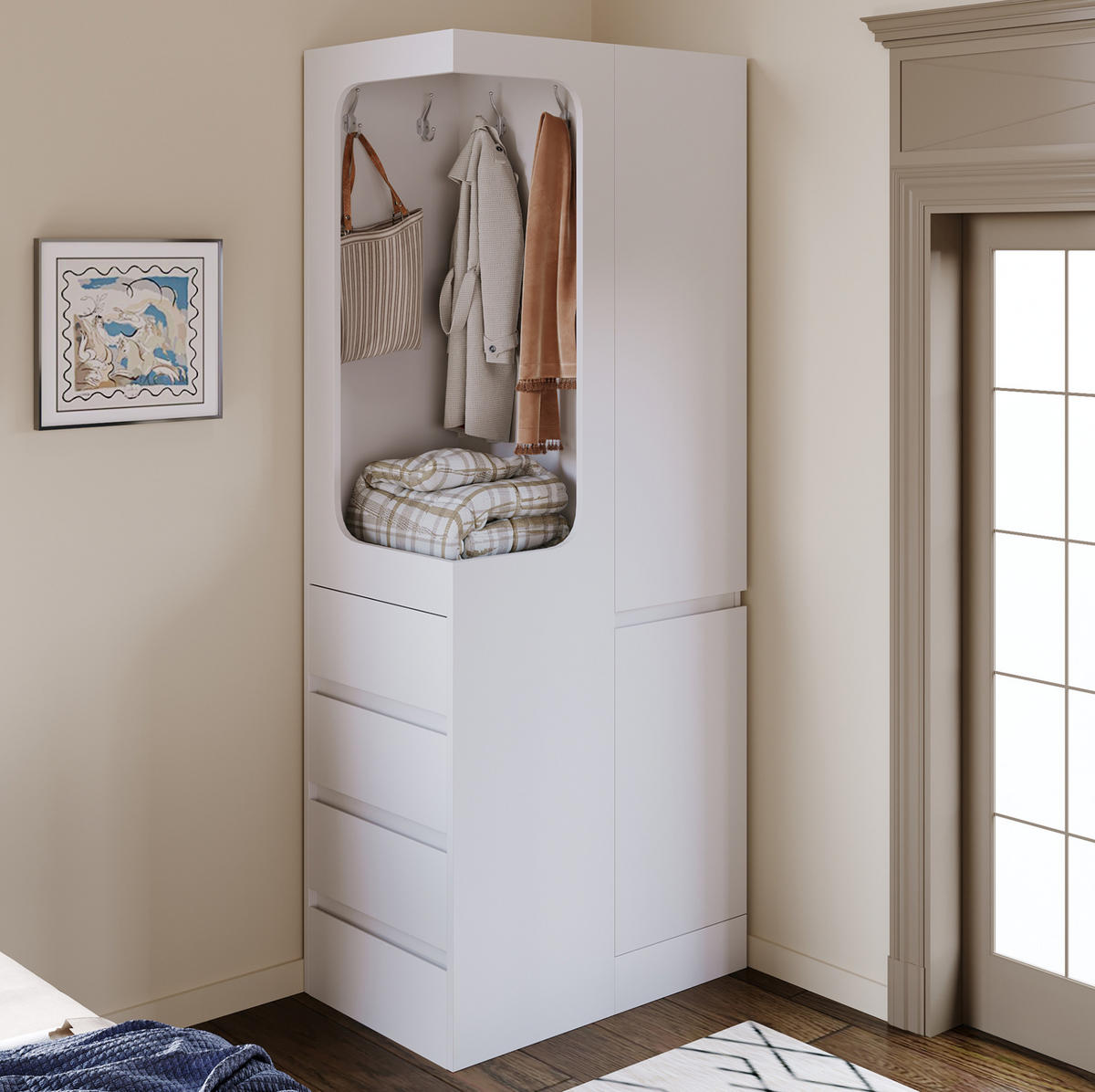 KLEIDERSCHRANK aus Kiefer, Sperrholz und MDF 70x40x170 cm Weiß/Holz mit 4 Schubladen, offener Kleideraufbewahrung und Tür - Weiß, Holzwerkstoff (70/170/40cm) - Modfu