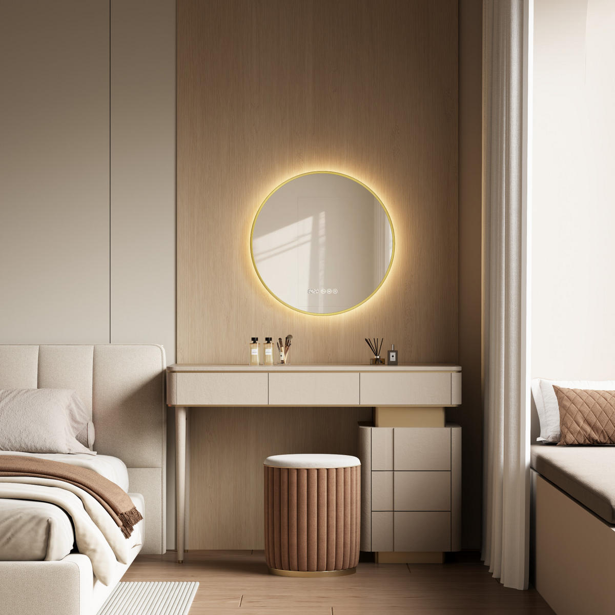 BADSPIEGEL mit LED-Beleuchtung, Anti-Beschlag-Funktion und Uhrzeitanzeige Goldfarben Ø 70 cm - Goldfarben, Glas (70/70/3cm) - EMKE