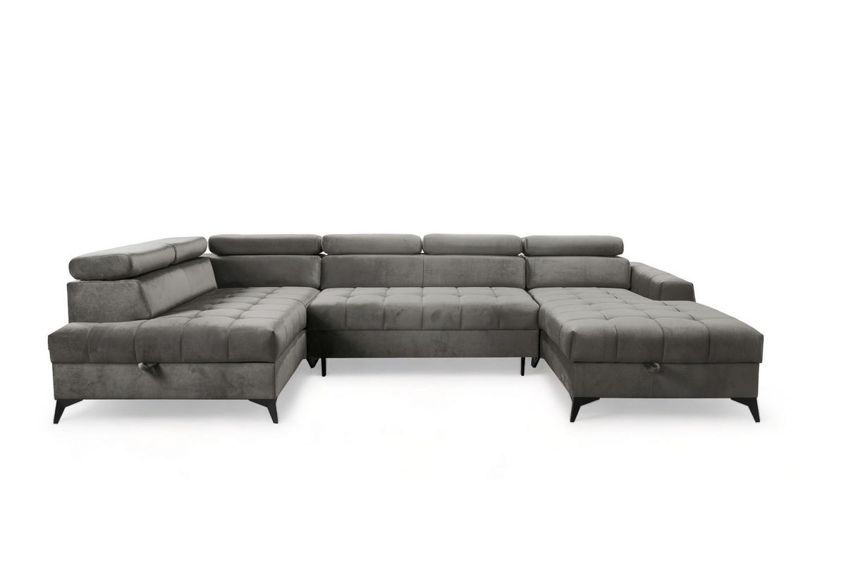 WOHNLANDSCHAFT Arkucio U Grau 345/200/95 cm – großes Sofa mit Schlaffunktion R - Schwarz/Grau, Textil/Metall (345/95/200cm) - AX Living