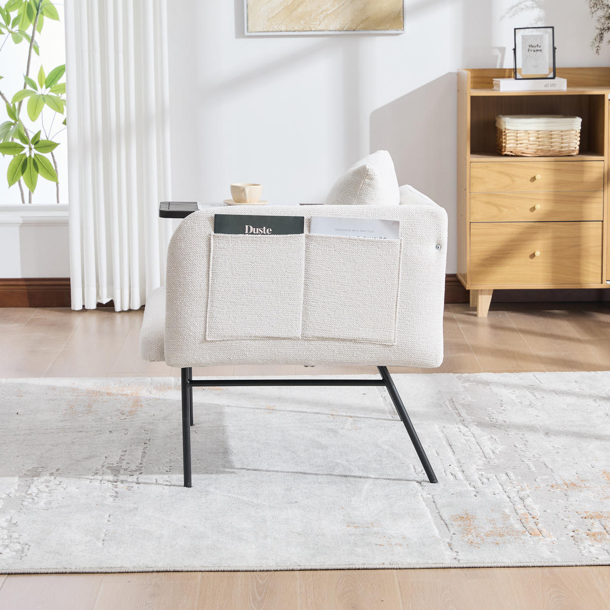 SESSEL 86/72/71 cm in Beige mit Beistelltisch und Seitentaschen - Beige, Textil (86/71/72cm) - BEAOK