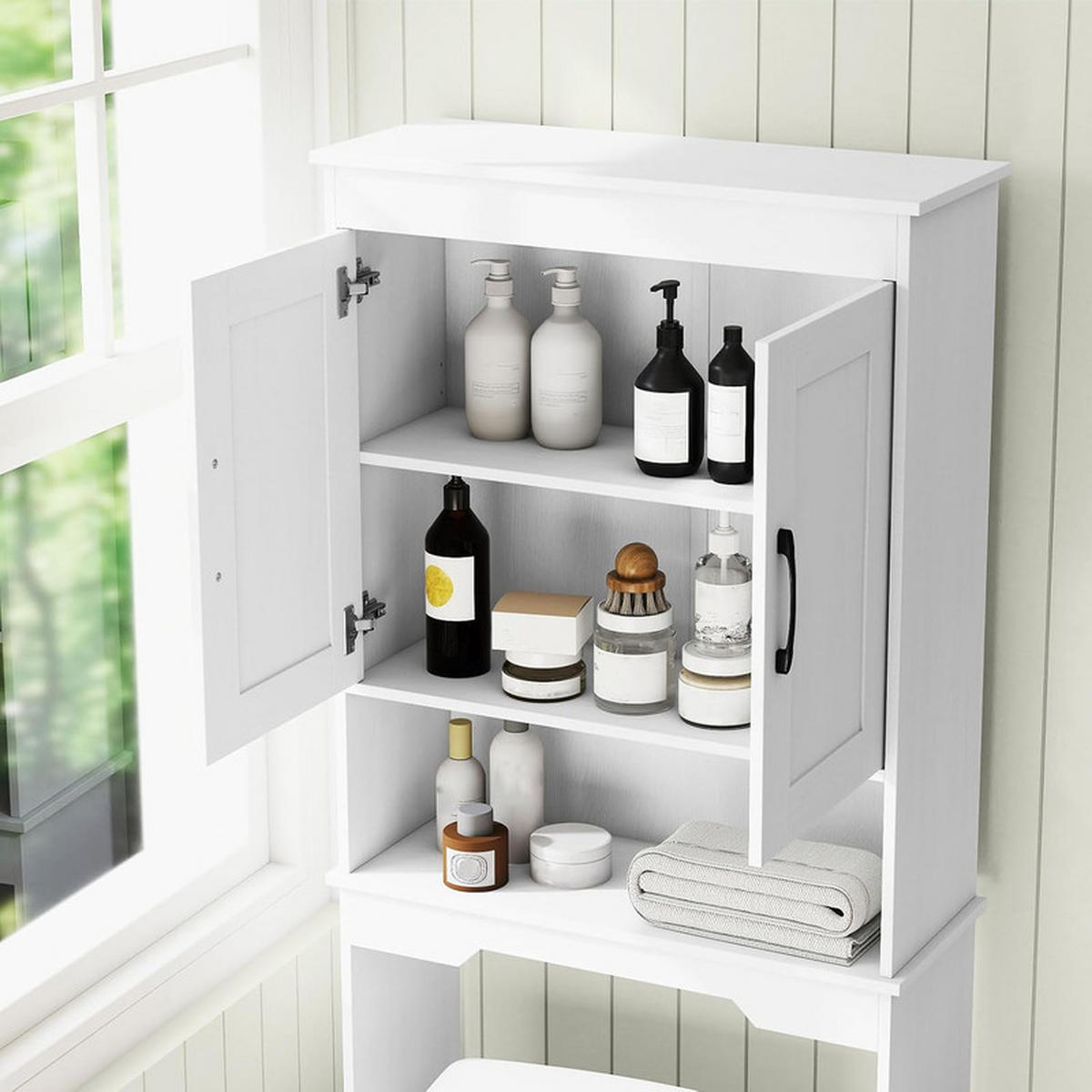 TOILETTENÜBERREGAL mit 2 Türen weiß - Weiß, Holzwerkstoff (63/168/24cm) - COSTWAY