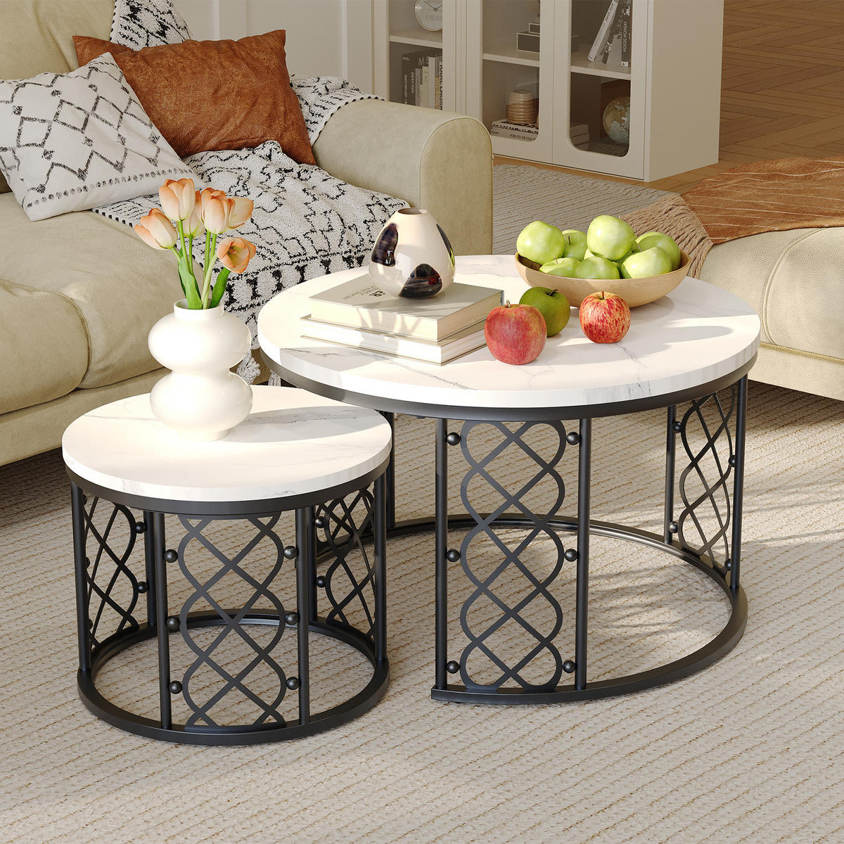 COUCHTISCH-SET mit Marmoroptik, Nesting Tische rund,Beistelltisch Metallgestell 70/70/45 cm + 45/45/37 cm, Weiß und Schwarz - Weiß, Holzwerkstoff (70/70/45cm) - Redom