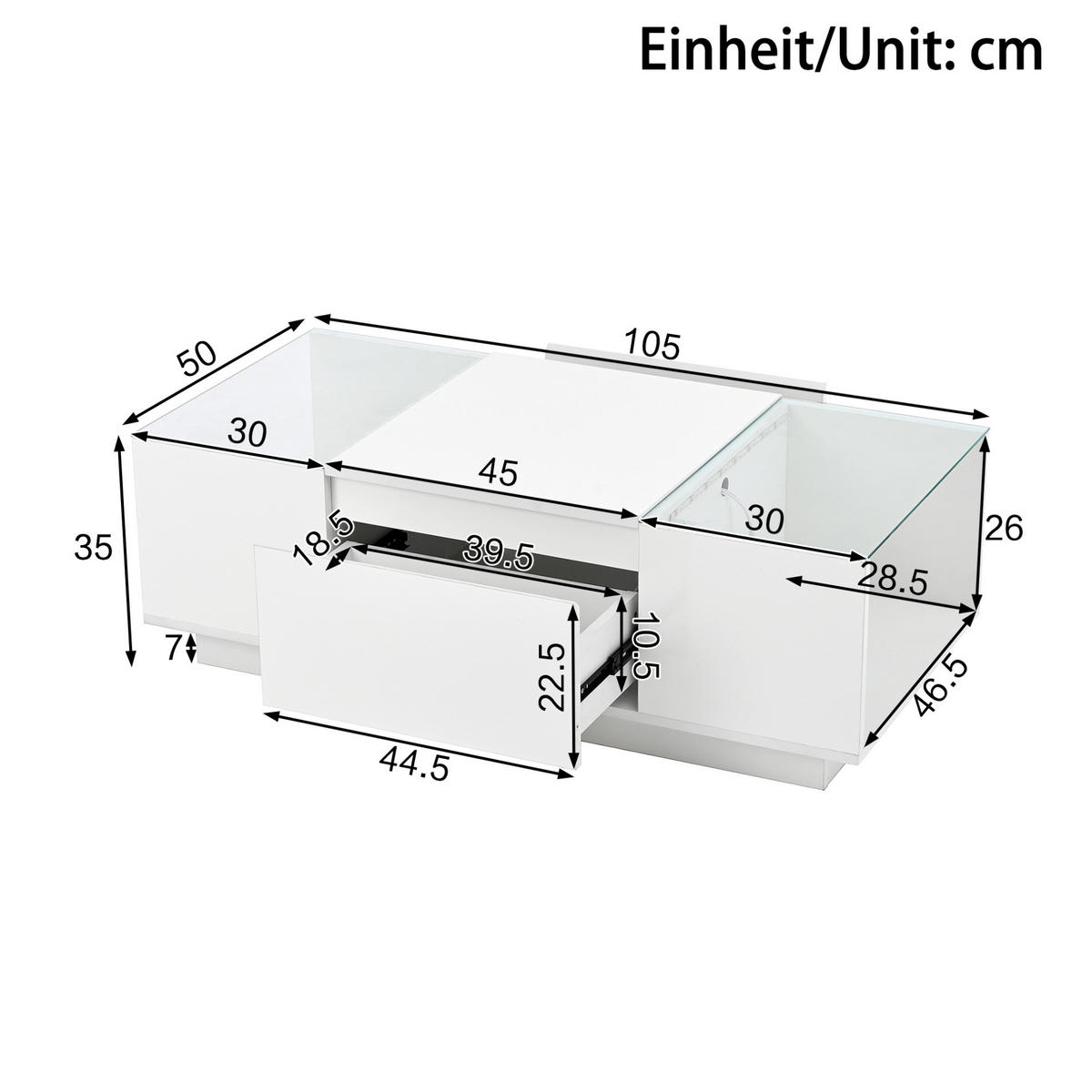 KONFERENČNÍ stolek 105/50/35 cm bílý z dřevotřísky s LED osvětlením a úložným prostorem - bílá, kompozitní dřevo (105/50/35cm) - OKWISH