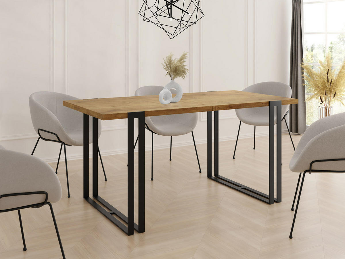ESSTISCH Marco rechteckig ausziehbar, Lancelot Eiche 160-260/90/76 cm - Eichefarben/Schwarz, Holzwerkstoff/Metall (160/90/76cm) - WFL GROUP
