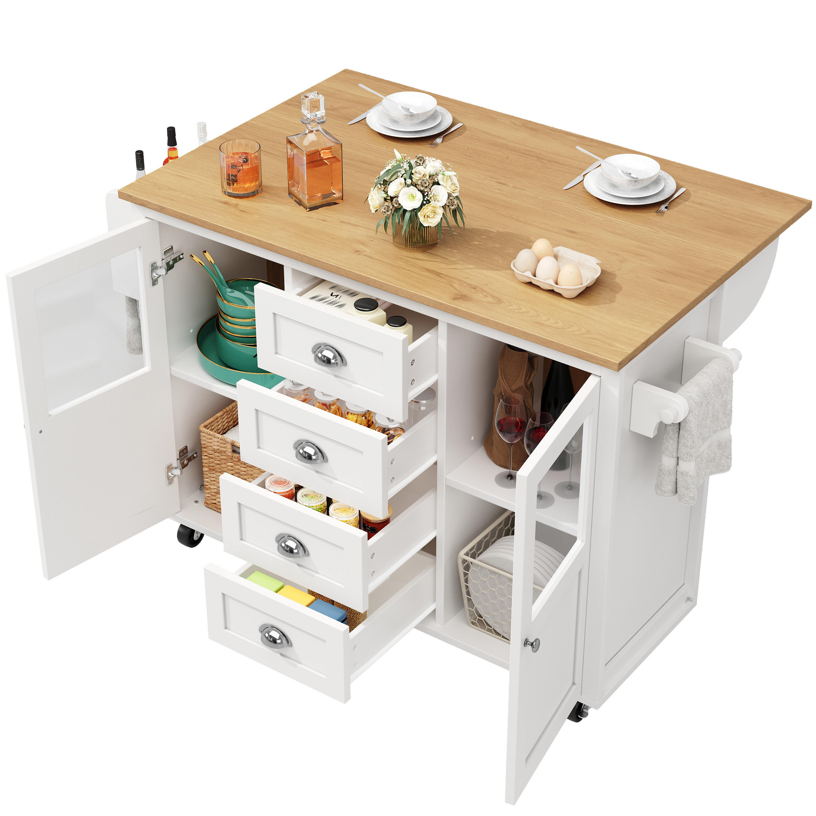 KÜCHENINSEL mit Rollen 137,9/73/92,5 cm Weiß mit 4 Schubladen und Klapptisch - Weiß, Holz/Holzwerkstoff (137.9/92.5/73cm) - Oxeza