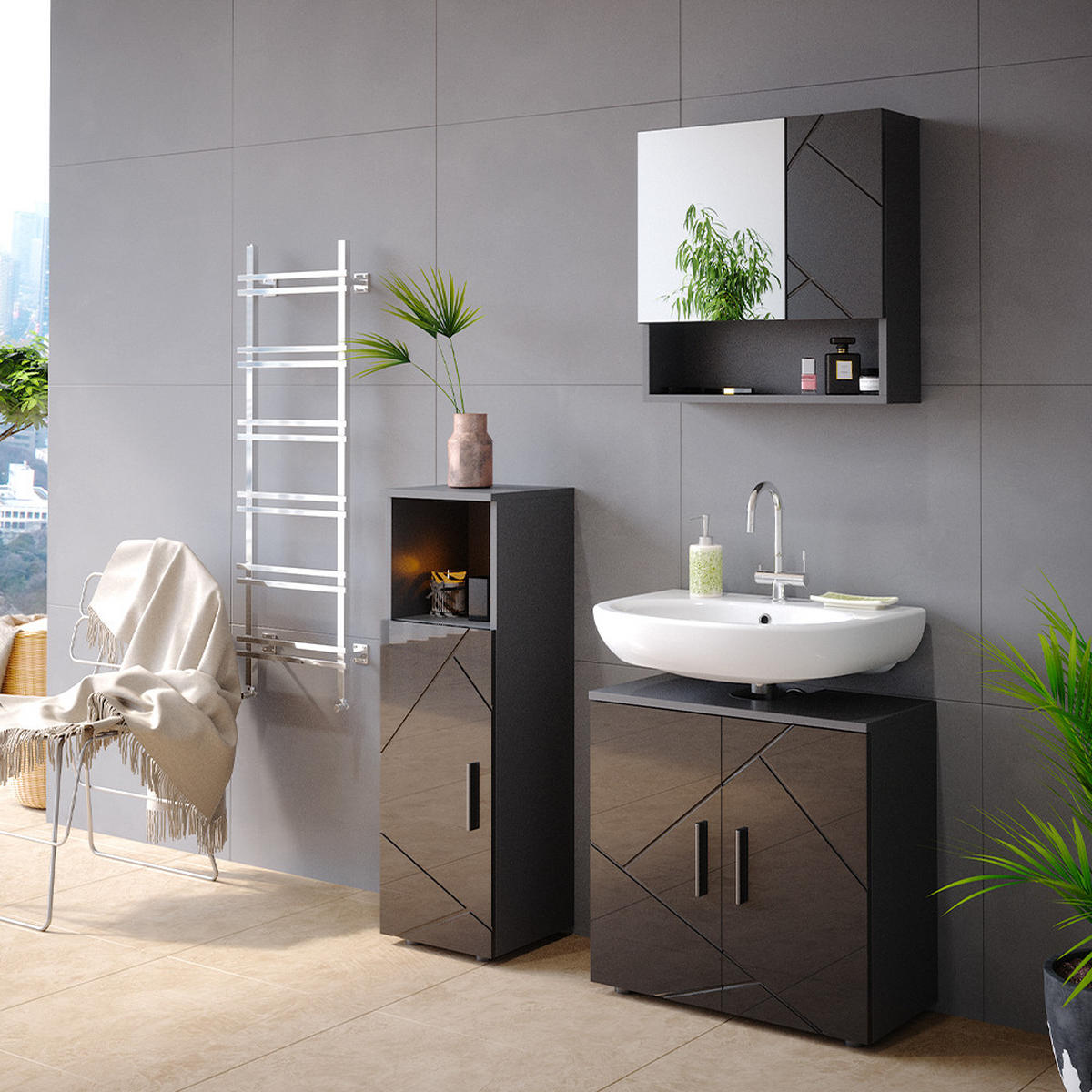 BADMÖBEL-SET Irma Anthrazit Hochglanz 3 Teile - Schwarz Hochglanz/Anthrazit, Holzwerkstoff (80/58.6/41cm) - Vicco
