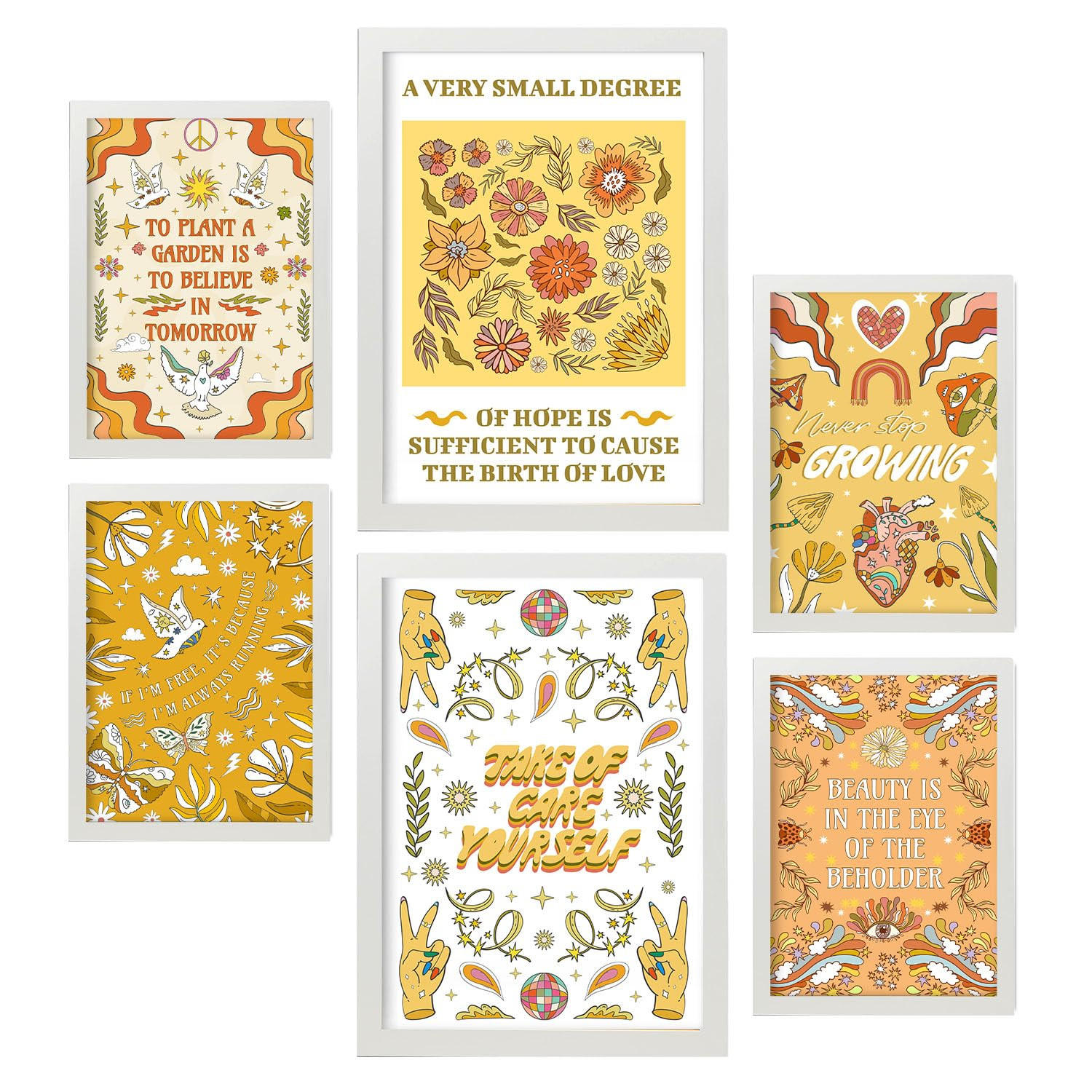 POSTER Set Mit 6 Drucken Der Selbstversorgung In Der Brillanten Groovy Dekorative Rahmen Für Ihr Zuhause Wandkunstdruck A3 & A4 Weißer Rahmen - Weiß, Papier (29/3cm) - Nacnic