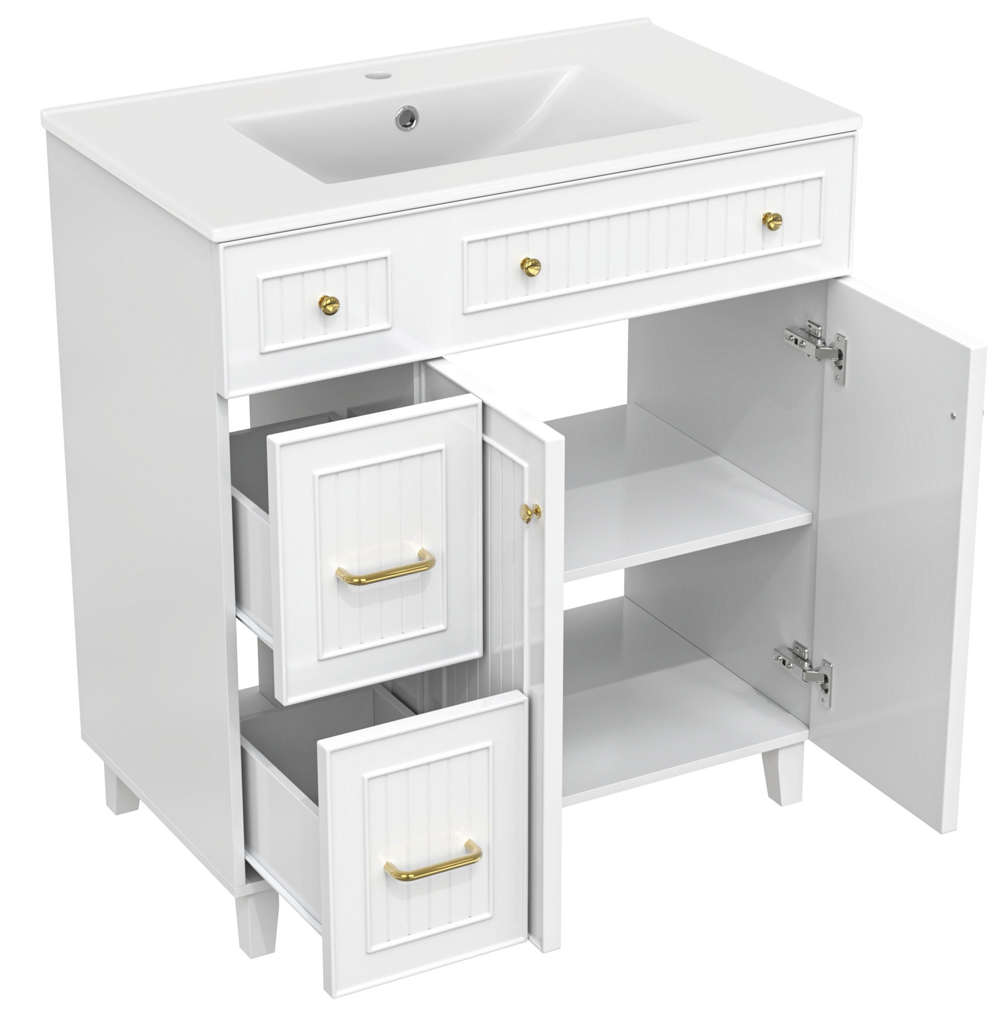 FREISTEHENDER Waschtisch mit Keramikbecken, MDF 81,7x46.8x90 cm, Weiß, Stauraum, pflegeleichte Oberfläche - Weiß, Holzwerkstoff (81.7/90/46.8cm) - Modfu