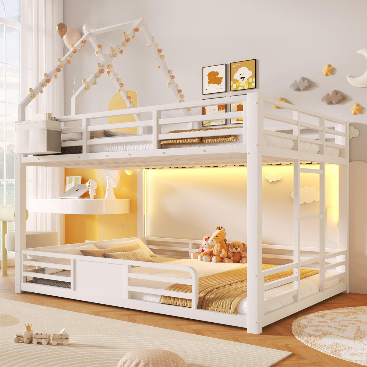 ETAGENBETT 140x200 cm mit LED-Beleuchtung, Hausbett-Design- Weiß - Weiß, Metall (140/200cm) - KOMHTOM