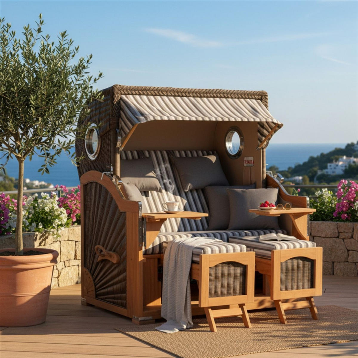 STRANDKORB Düne Grande Bullauge Teak PE Grey Dessin 545 - Braun/Grau, Metall (142/170/95cm) - Mr. Deko