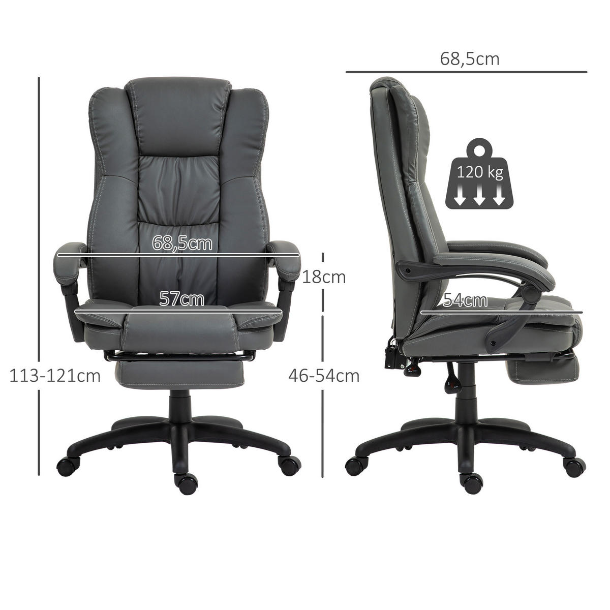 VERSTELLBARER Drehstuhl mit Fußstütze, Kopfstütze, Massagefunktion, Dunkelgrau - Dunkelgrau/Schwarz, Kunststoff (68.5/121/68.5cm) - Vinsetto