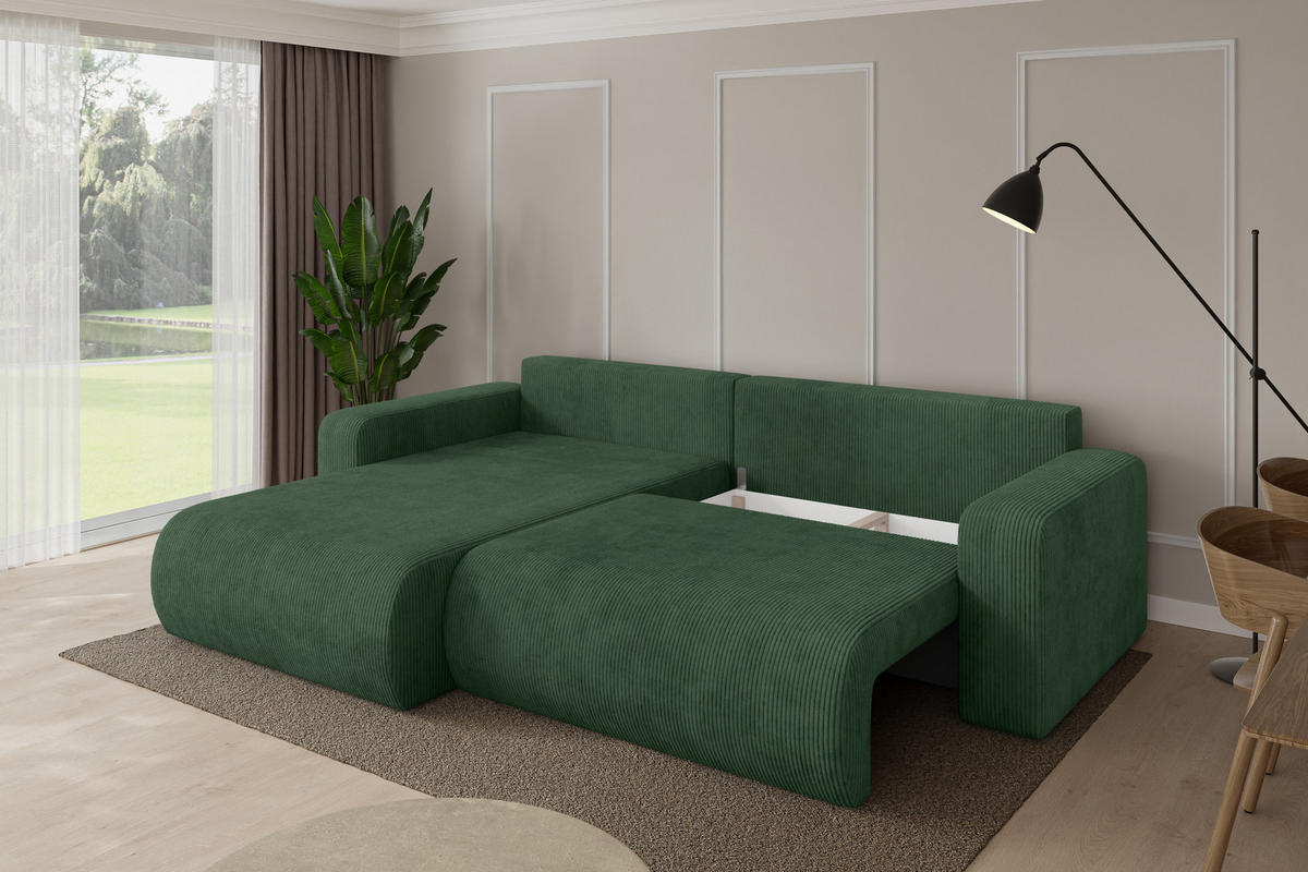ROHOVÁ SEDAČKA s funkcí spaní, otoman vlevo BERY-L 276x193x88 zelená manšestr - černá/tmavě zelená, kompozitní dřevo/textil (276/193cm) - ALTDECOR