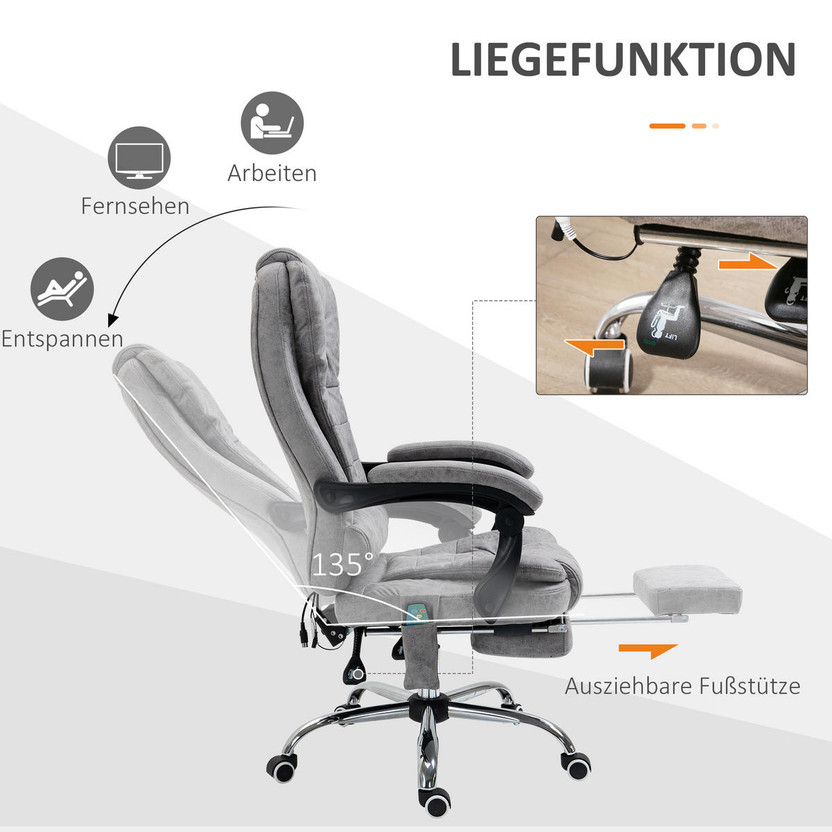 CHEFSESSEL mit Massagefunktion, Schreibtischstuhl mit Liege- & Wärmefunktion Grau - Anthrazit/Silberfarben, Kunststoff/Textil (70/119/65cm) - Vinsetto