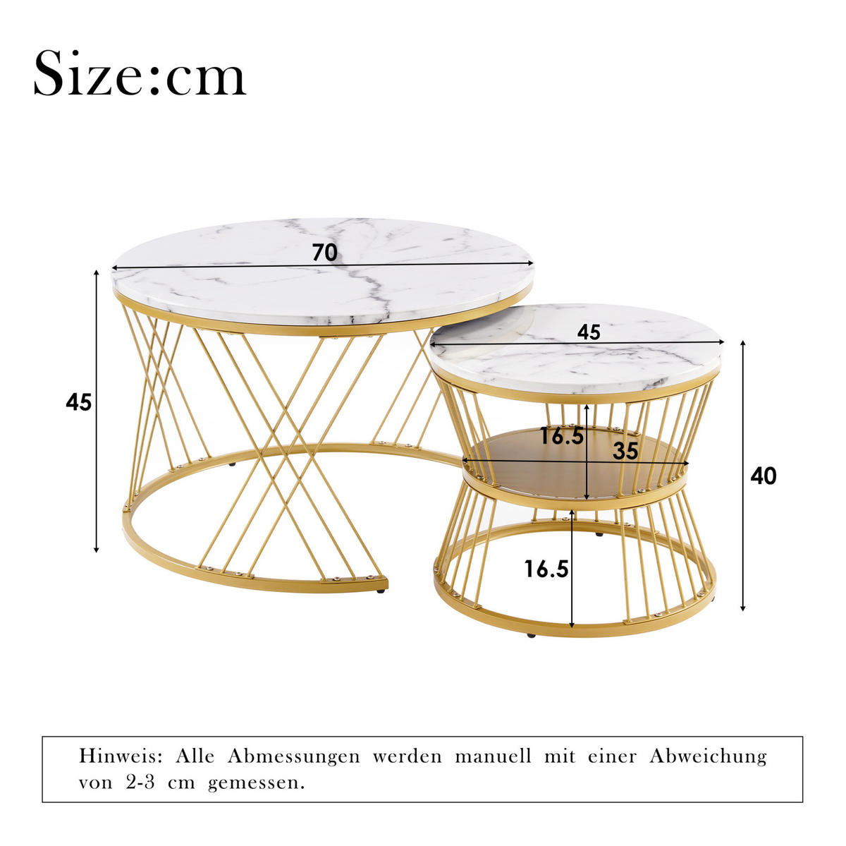 COUCHTISCH-SET aus MDF 70x70x45 cm Weiß in Marmoroptik mit Metallgestell, 2-teilig - Weiß, Holzwerkstoff (70/70/45cm) - IVMEU