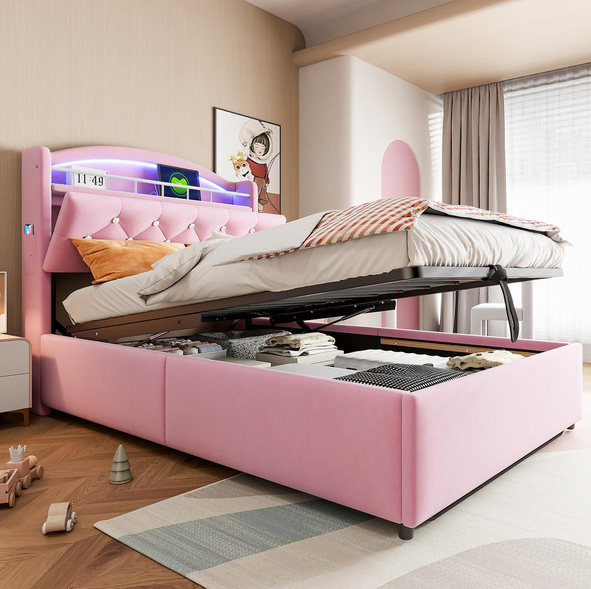 SAMT-POLSTERBETT 90/200 cm mit Bettkasten, LED und USB in Rosa - Pink, Textil (90/200cm) - BEAOK