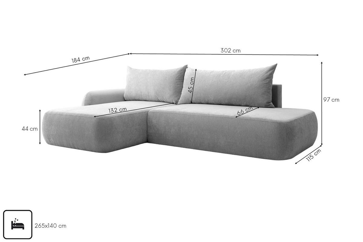 ECKSOFA Mit Schlaffunktion Und Bettkasten, Velvet-Stoff Vena, Grau, Links, HELA I - Grau, Holz (302/184cm) - Kaiser Möbel