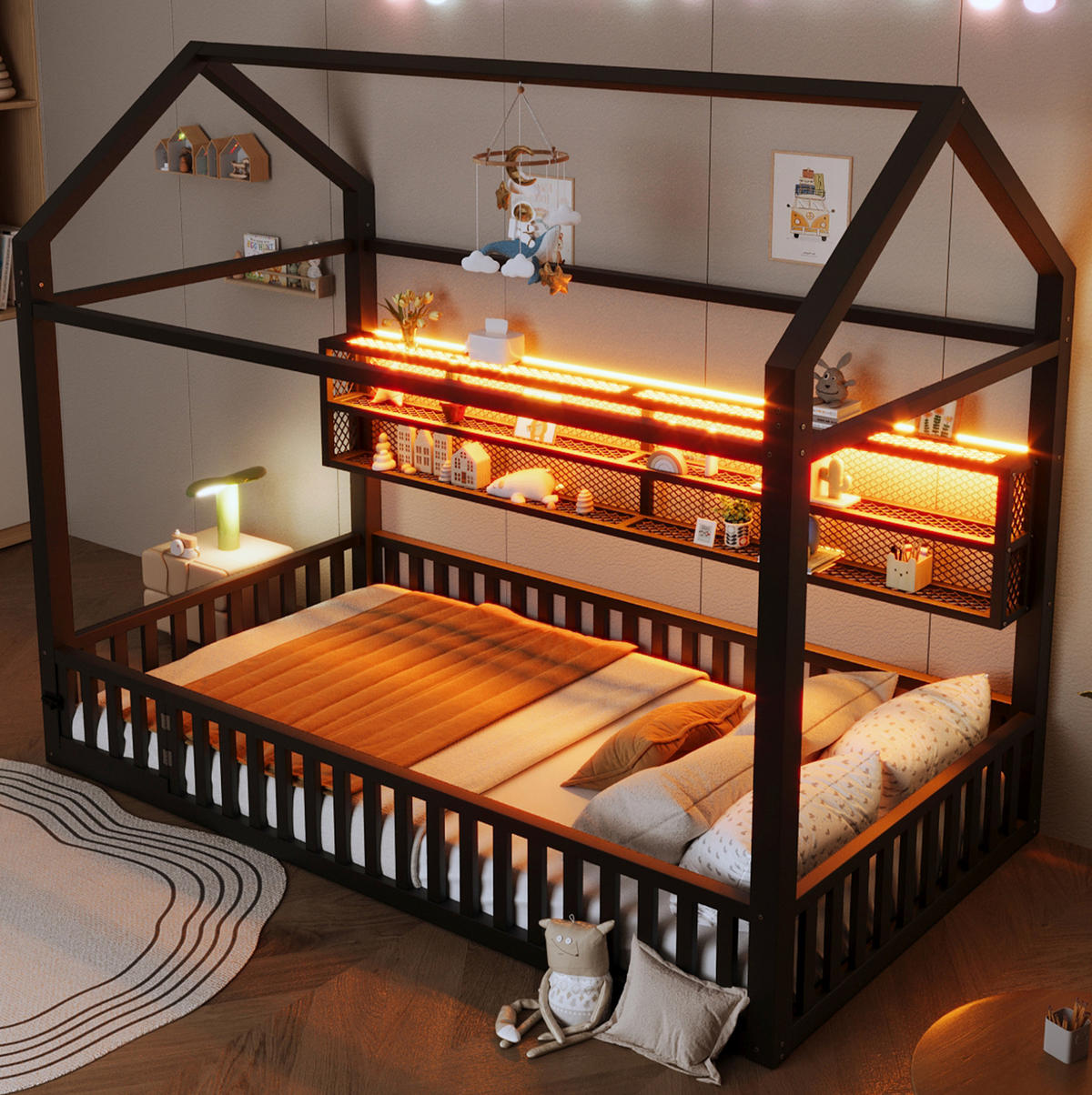 KINDERBETT 90/200 cm in Hausform aus Metall mit Sicherheitszaun und LED - Schwarz, Metall (90/200cm) - BEAOK