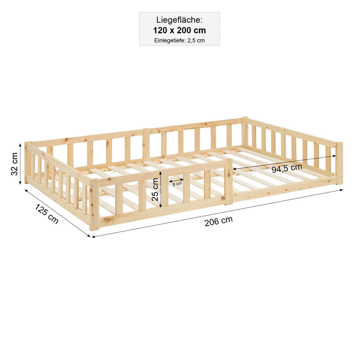 BODENBETT 120x200 cm Natur mit Lattenrost - Naturfarben, Holz (120/200cm) - Homestyle4u