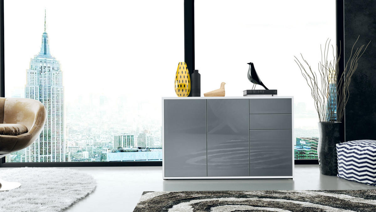 KOMMODE Ben Front in Grau Hochglanz - Grau, Holzwerkstoff (117/74/36cm) - Vladon