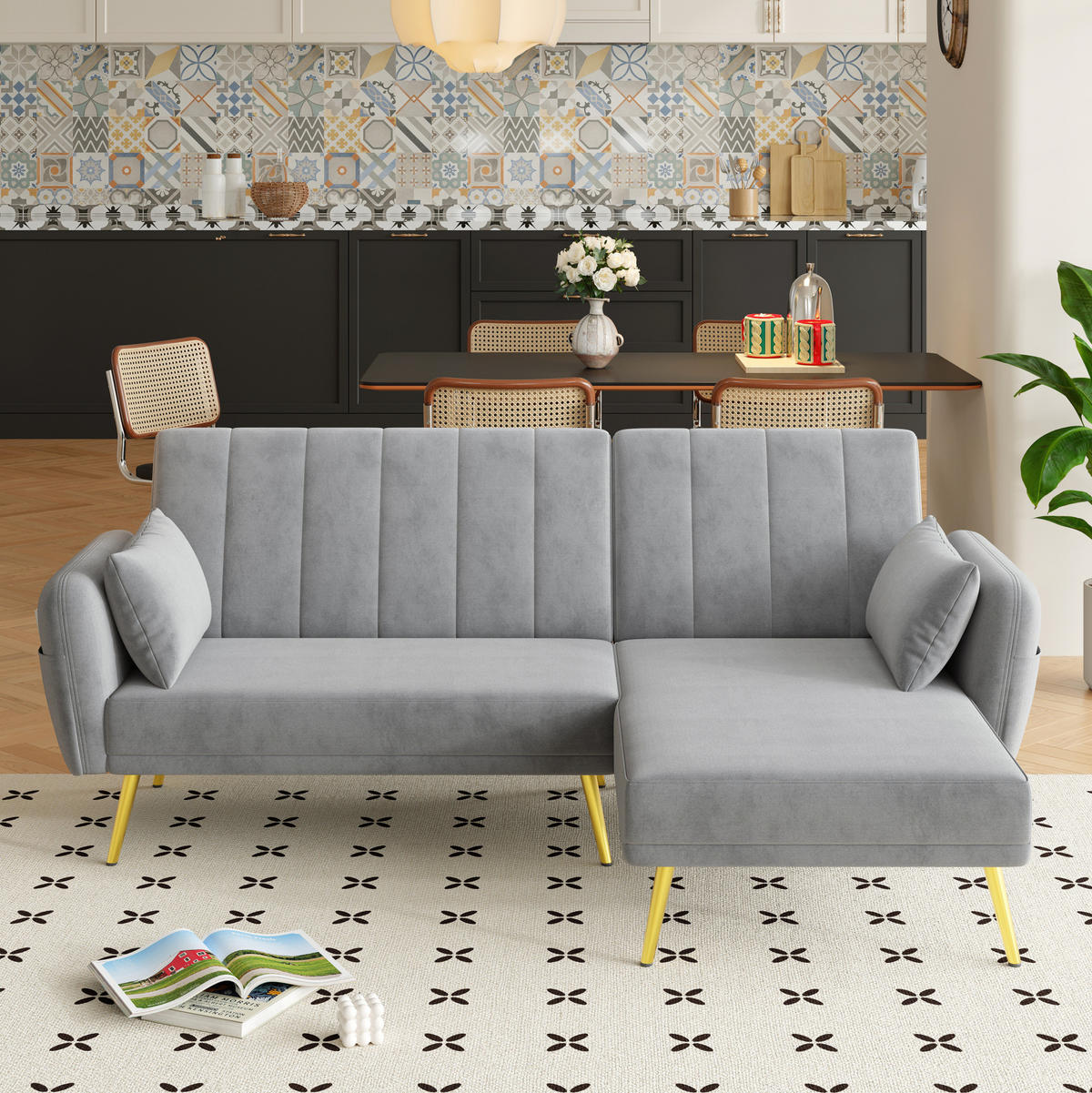 ECKSOFA aus Samt 191,5x130,5x80 cm in Grau mit Schlaffunktion - Grau, Textil (130.5/80/191.5cm) - Modfu