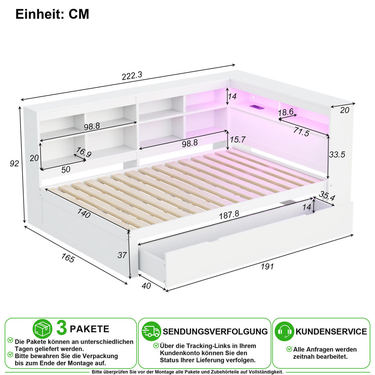 POSTEL 140/200 cm v bílé barvě s úložným prostorem, LED a USB - bílá, dřevo/kompozitní dřevo (140/200cm) - CHICFURN