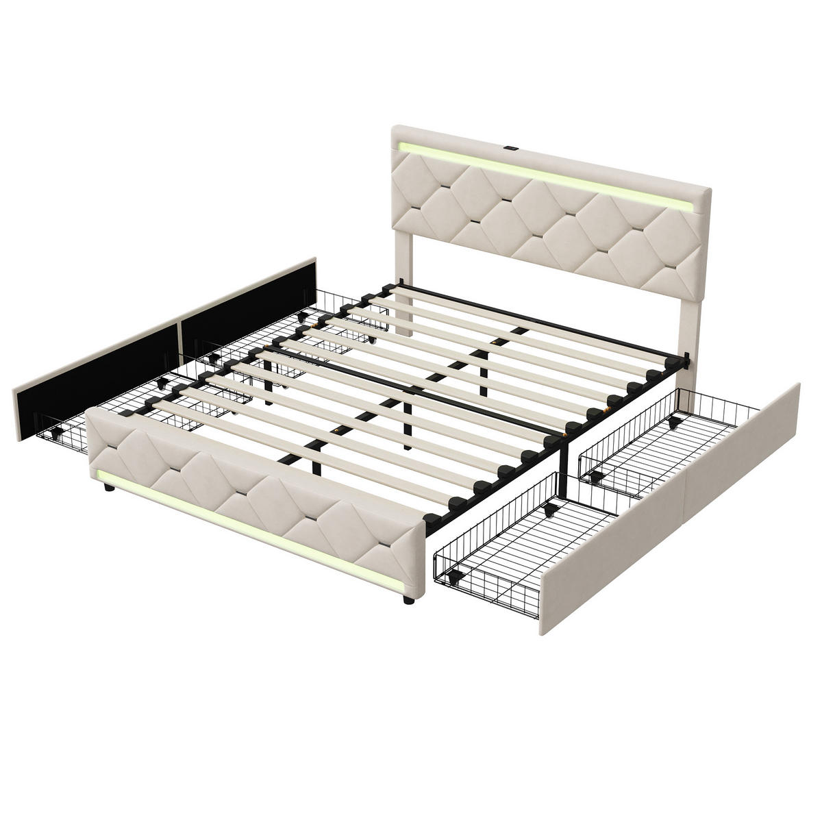 POLSTERBETT 140x200 cm, Doppelbett mit LED-Beleuchtung, Weiß Samt - Weiß, Metall (140/200cm)