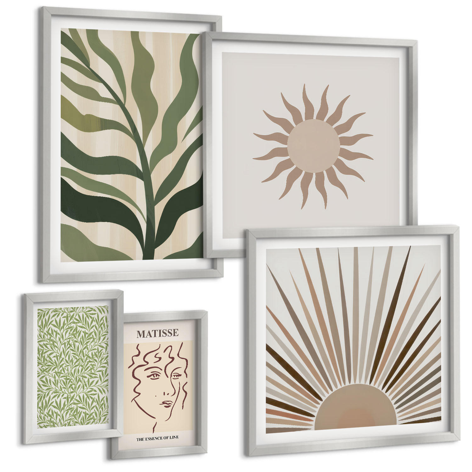BILDER SET 5er Set - 50x50 cm & 20x30 cm & 40x60 cm Silberner Rahmen - Abstrakte Pflanzenmuster - Silberfarben, Kunststoff (40/60cm) - TULUP