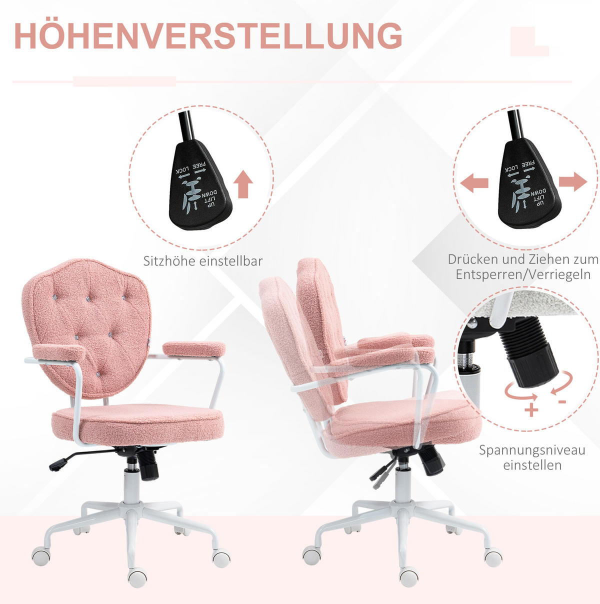 BÜROSTUHL höhenverstellbar mit Wippfunktion Pink - Pink, Kunststoff (61.5/101/63cm) - Meubliv