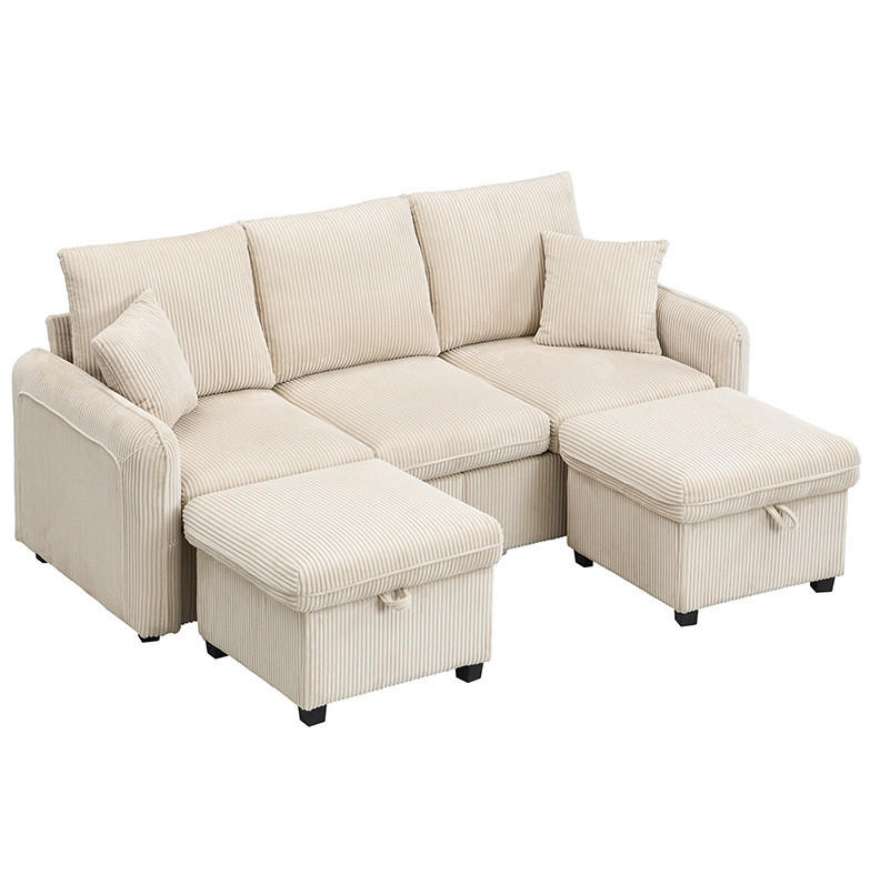SCHLAFSOFA aus Cord-Stoff mit 2 Hockern 52x52 cm Beige mit Stauraum, Schlaffunktion und modularer Nutzung - Beige, Kunststoff (186/86/188cm) - Modfu