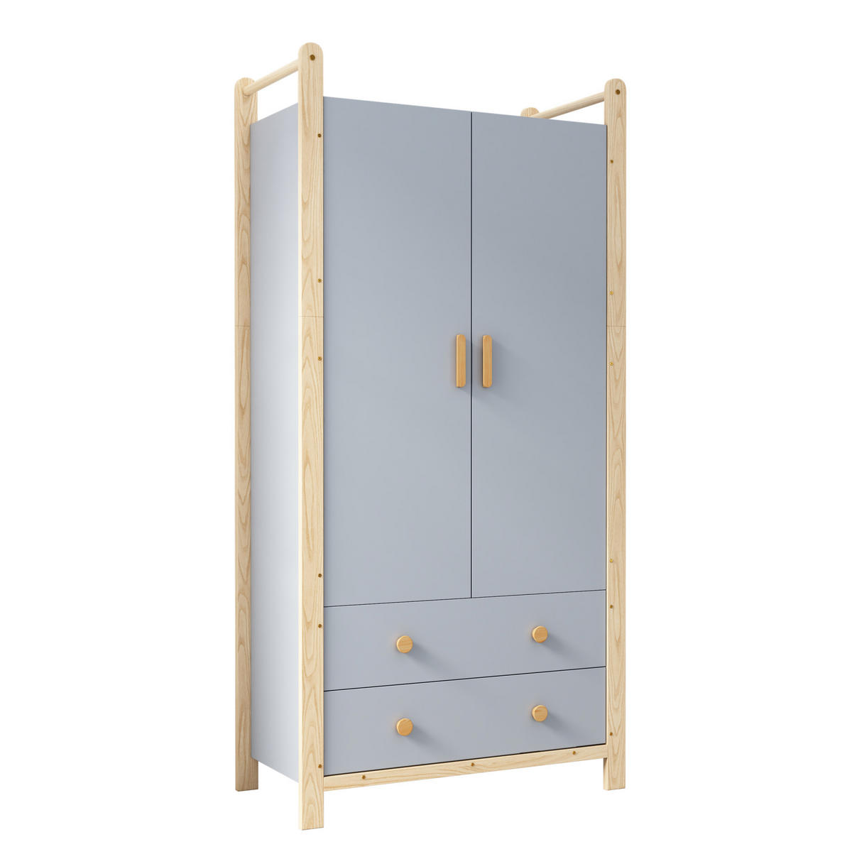 KLEIDERSCHRANK aus Kiefernholz und Spanplatte 89,6x44x180,5 cm Blau/Natur mit Kleiderstange, 2 Schubladen und platzsparendem Design - Blau, Holzwerkstoff (90/180/45cm) - Modfu
