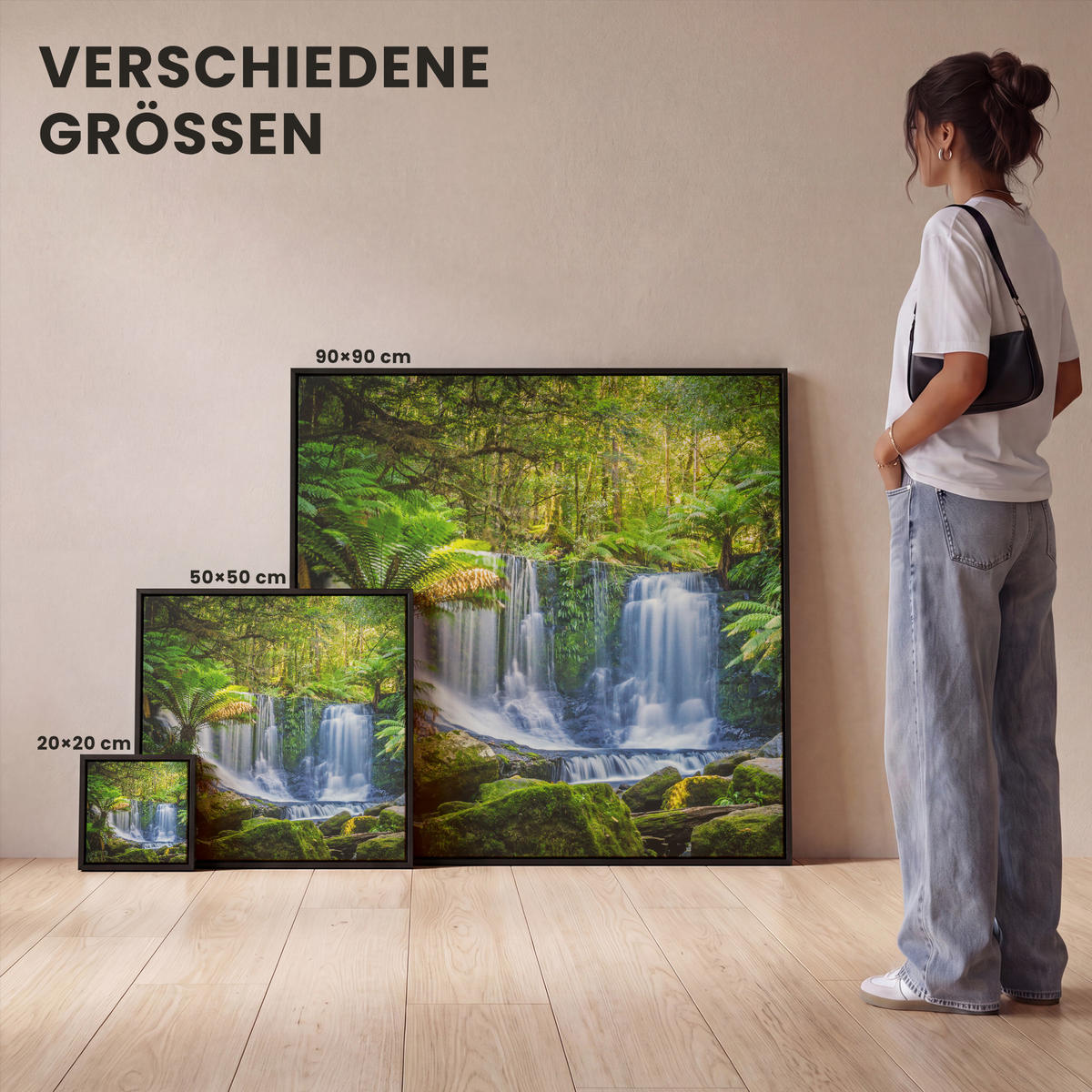LEINWAND Bilder mit Rahmen - Dschungel - Wasserfall - Australien - Pflanzen - Natur - 90x90 - Dunkelgrün, Textil (90/90cm) - MuchoWow