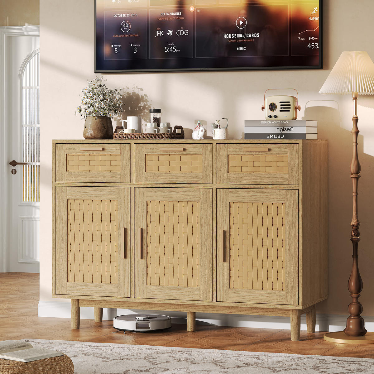 SIDEBOARD 108x40x80 cm Rattan 3 Türen 3 Schubladen natur - Naturfarben, Holz (107.9/80/40cm) - LEBENLANG