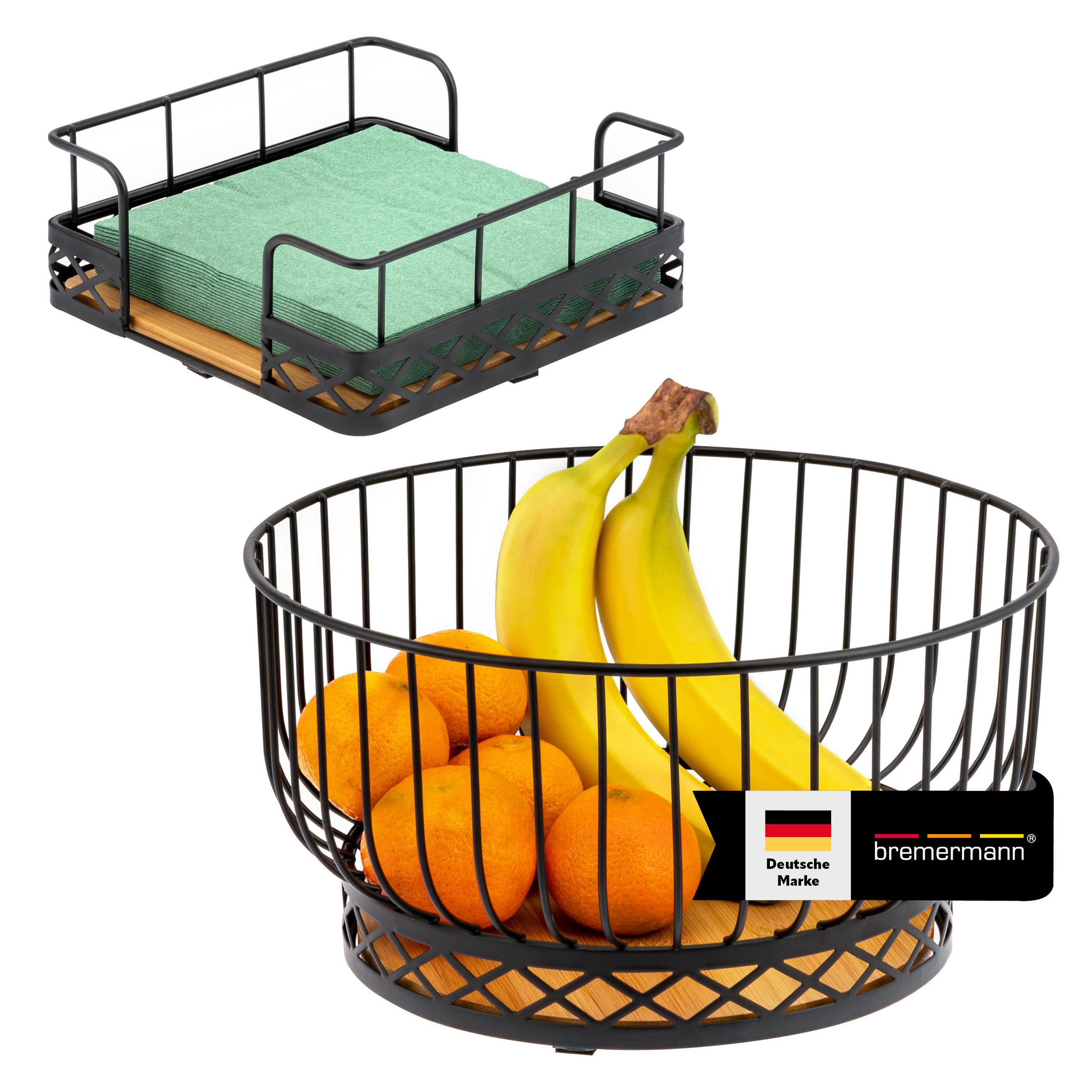 OBSTKORB mit Serviettenhalter, Bambus, Metall, schwarz - Schwarz, Metall (29/15cm) - bremermann
