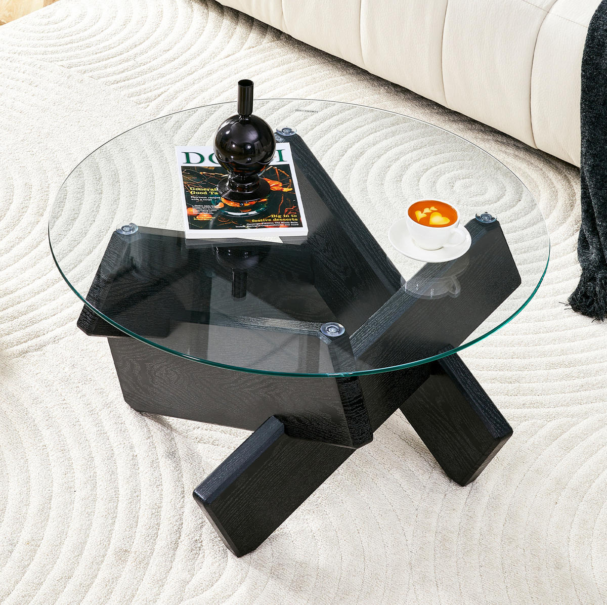 COUCHTISCH 79 cm rund Black und Transparent aus MDF und Glas mit Kreuz-Stütze - Schwarz, Holzwerkstoff (79/79/45cm) - OKWISH